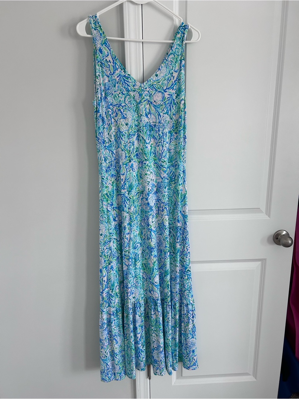 Lilly Pulitzer Blue and Green Floral V-Neck Maxi Dress